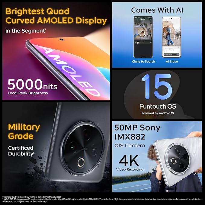 iQOO Z10 5G (Glacier Silver, 12GB RAM, 256GB Stroage) | India's Biggest Ever 7300 mAh Battery | Snapdragon 7s Gen 3 Processor | Brightest Quad Curved AMOLED Display in The Segment