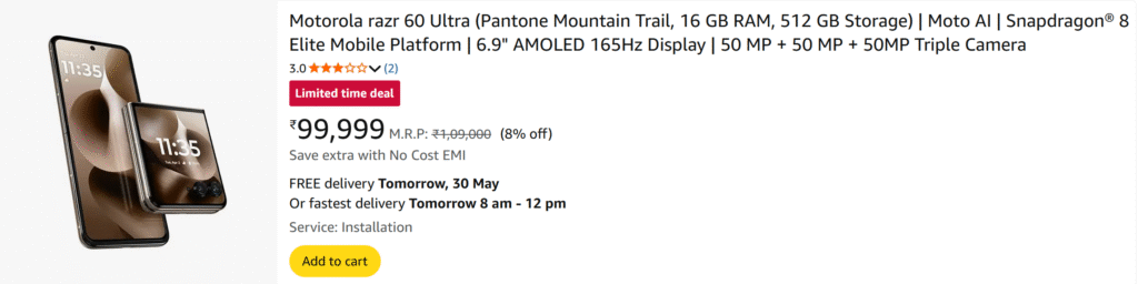 Motorola razr 60 Ultra (Pantone Mountain Trail, 16 GB RAM, 512 GB Storage) | Moto AI | Snapdragon® 8 Elite Mobile Platform | 6.9" AMOLED 165Hz Display | 50 MP + 50 MP + 50MP Triple Camera
