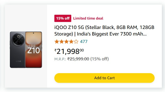 iQOO Z10 5G (Stellar Black, 8GB RAM, 128GB Storage) | India's Biggest Ever 7300 mAh Battery | Snapdragon 7s Gen 3 Processor | Brightest Quad Curved AMOLED Display in The Segment