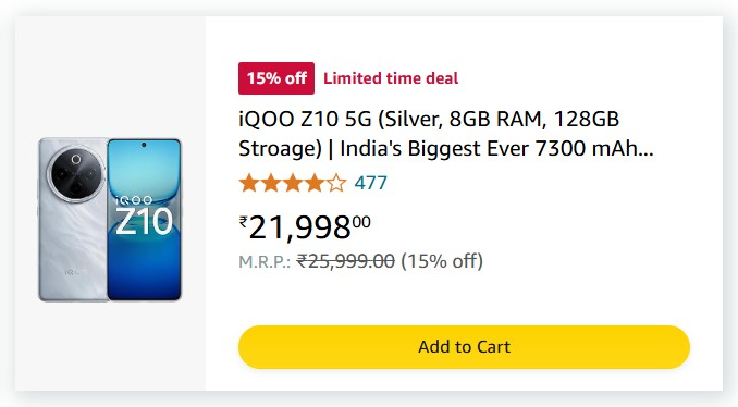 iQOO Z10 5G (Silver, 8GB RAM, 128GB Stroage) | India's Biggest Ever 7300 mAh Battery | Snapdragon 7s Gen 3 Processor | Brightest Quad Curved AMOLED Display in The Segment