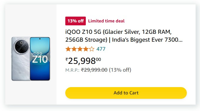 iQOO Z10 5G (Glacier Silver, 12GB RAM, 256GB Stroage) | India's Biggest Ever 7300 mAh Battery | Snapdragon 7s Gen 3 Processor | Brightest Quad Curved AMOLED Display in The Segment
